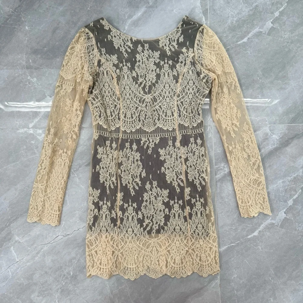 Women’s Free People Lace Open V Back Dress Long Sleeve Lined Boho Size Small - Picture 2 of 16